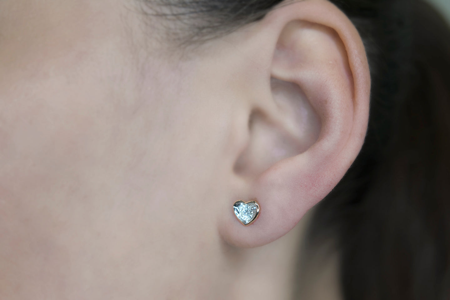 Classic J Bezel Heart Shaped Diamond Gold Stud Earrings