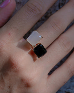 Black Chalcedony Gemstone Octagon Cut Gold Ring