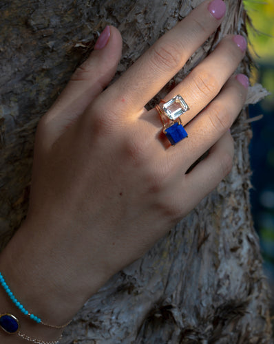 Lapis Lazuli Gemstone Octagon Cut Gold Ring